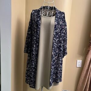 Chic Olive Dress with Floral Kimono